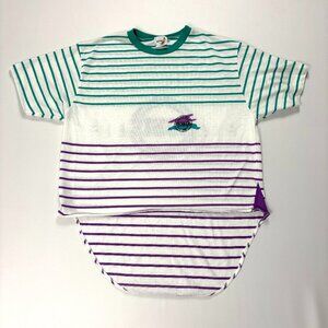 Vintage Hobie Womens T Shirt Green Purple Striped Sz L USA Boat 80s 90s Rare